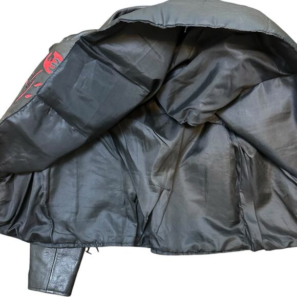 VTG Black Cow Hide Leather Fitted Biker Jacket Red Floral Embroidery Size Small - Picture 7 of 10